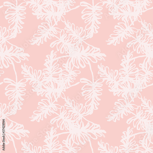 Fototapeta Naklejka Na Ścianę i Meble -  Random white contoured branches silhouettes seamless pattern. Soft contoured pink background.
