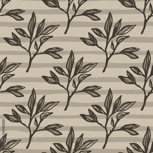 Autumn pale seamless floral pattern with branches. Outline botanic ornament on stripped background.