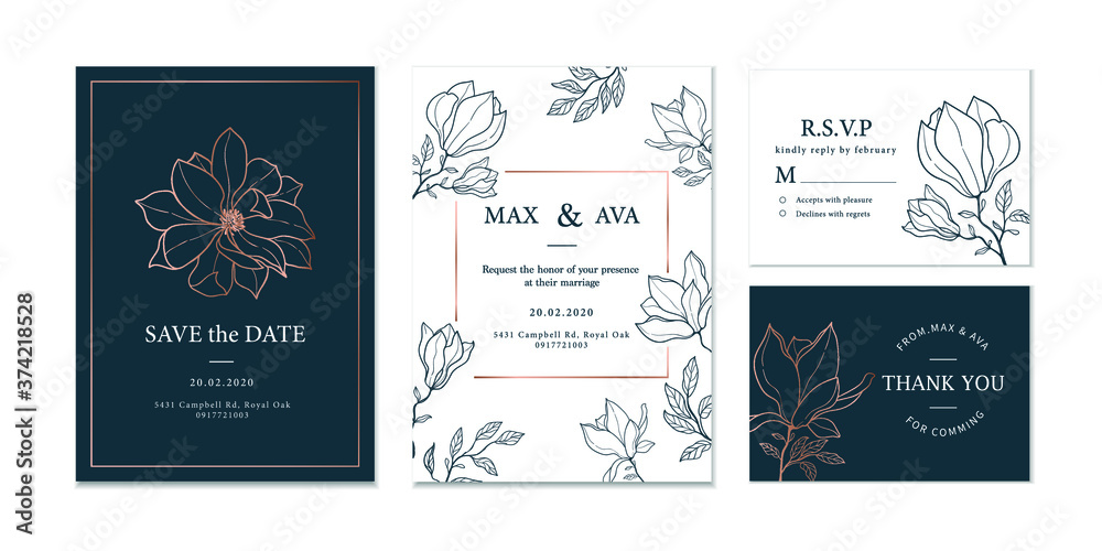 Hand-drawn floral wedding invitation card with rose gold and blue background
