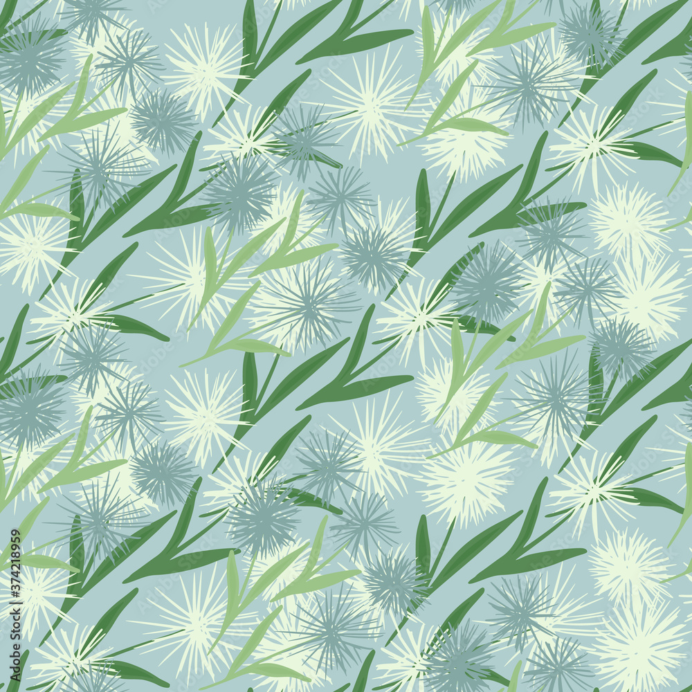Doodle seamless pattern with white and blue dandelion silhouettes. Abstract flowers with green leafs on sky color background.