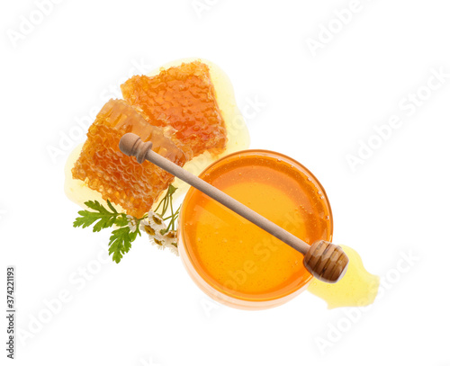 Composition with fresh honey on white background, top view
