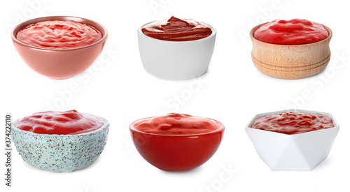 Set of tomato sauces in bowls on white background
