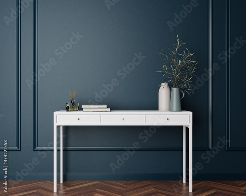 фотографія White Console Cabinet Contemporary Modern Foyer Living Room Blank Empty Dark Wal