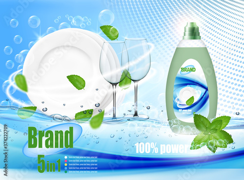 Stack of clean plates and two glasses  in soap foam and bubblies with cleanser bottle. Realistic dishware  for dishwashing detergent advertising design. Vector