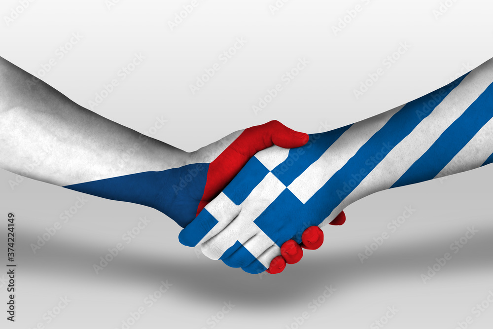 Obraz premium Handshake between greece and czech republic flags painted on hands, illustration with clipping path.