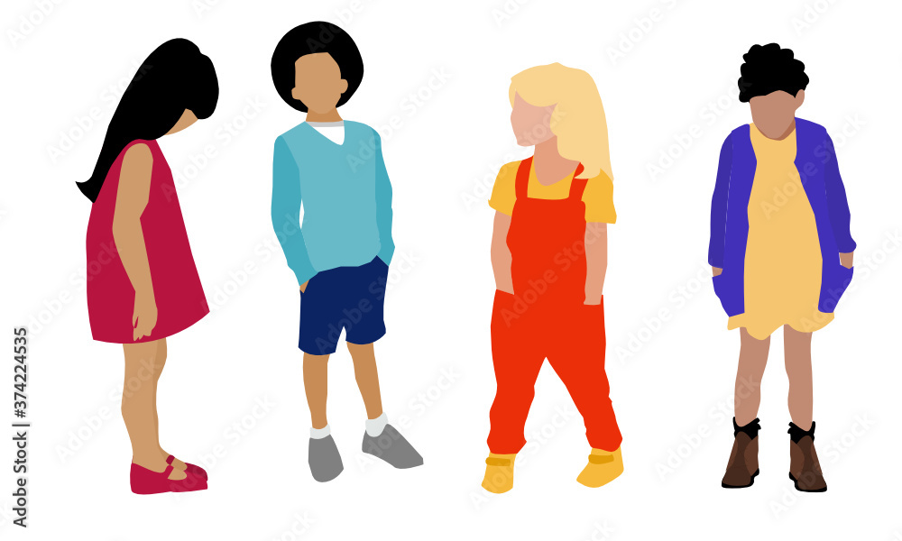 Group of multicultural Children. Asian, black and white kids in a variety of poses.  School Age childre, Elementary school kids. Flat vector illustration concept artwork