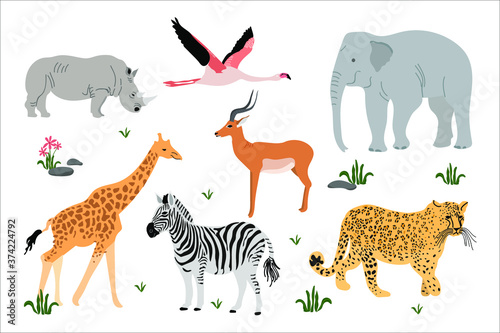 Big set with African animals and Impala, elephant, zebra, rhinoceros, giraffe, flamingo and cheetah. 