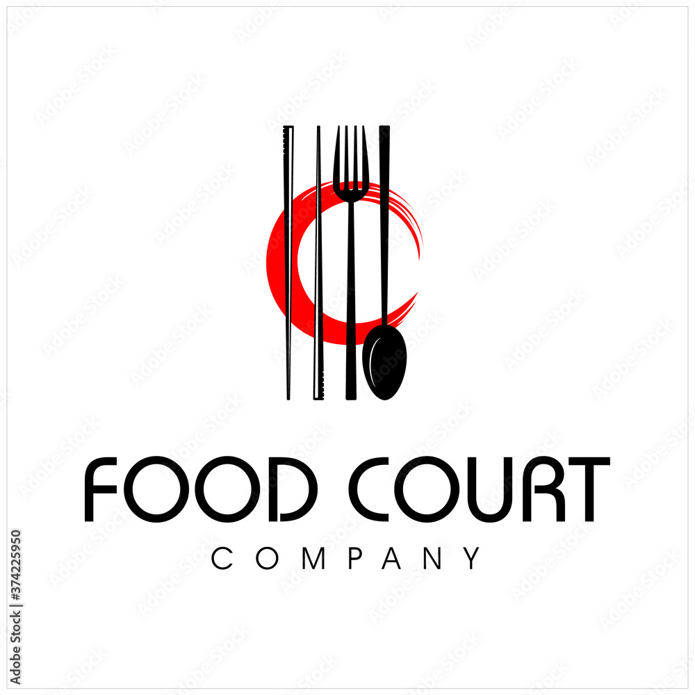Minimalist Red Plate, Fork, Spoon and Chopsticks with Letter Food Court Logo Design Inspiration