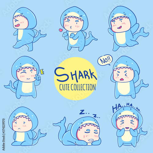 Hand drawn cute shark sticker character illustration