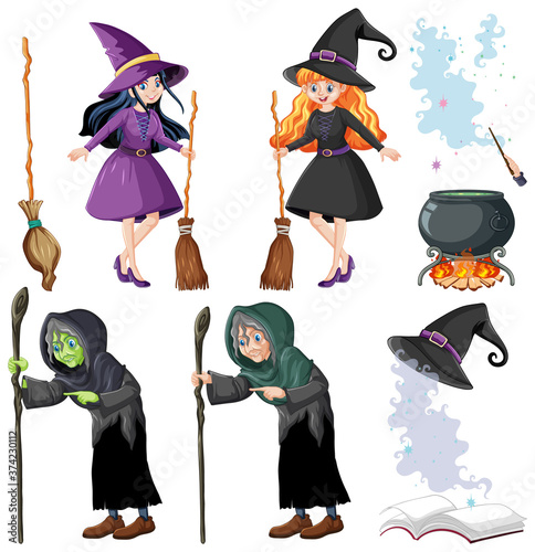 Set of wizard or witches and tools cartoon style isolated on white background