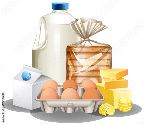 Group of baking ingredients such as milk butter and eggs