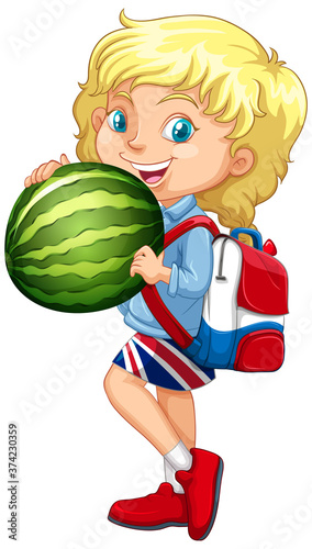 Cute girl with blonde hair holding a watermelon in standing position