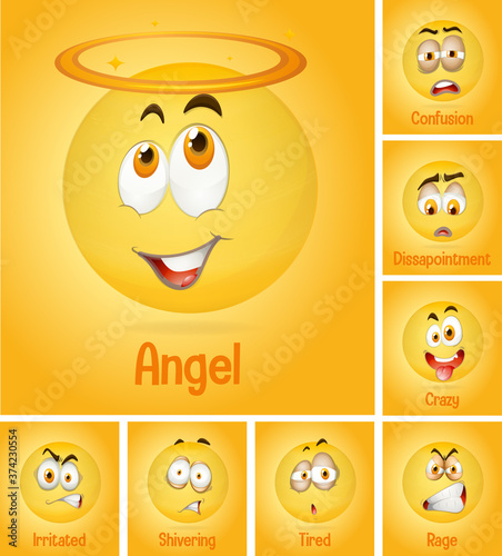 Set of different faces emoji with its description on yellow background
