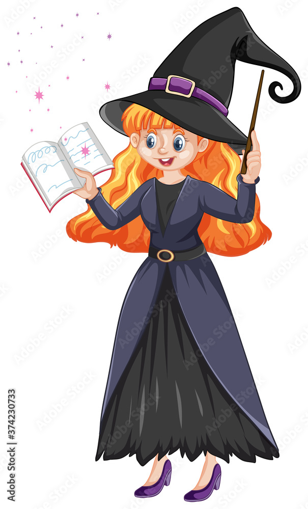 Young beautiful witch holding wand and book cartoon style isolated on white background Young beautiful witch holding wand and book cartoon style isolated on white background