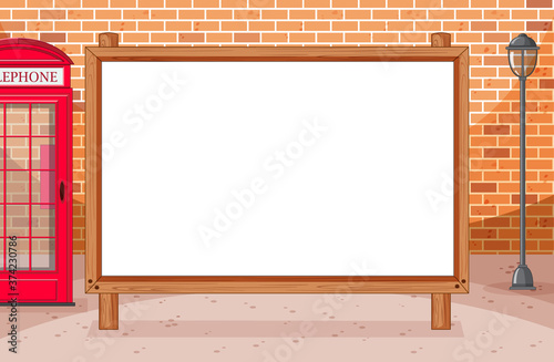 Blank wooden frame with awning in city on brick wall scene