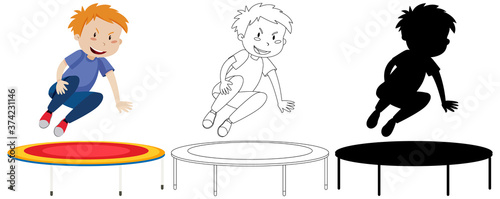 Boy jumping on trampoline with its outline and silhouette