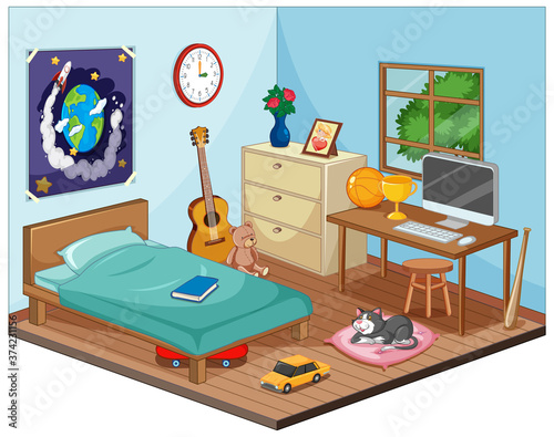 Part of bedroom of children scene in cartoon style