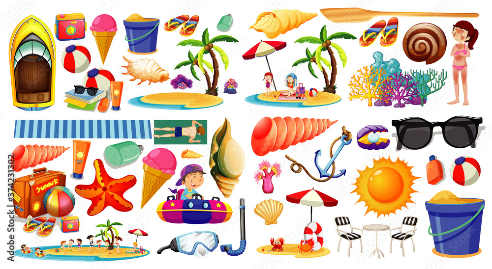 Set of summer beach icon cartoon style on white background
