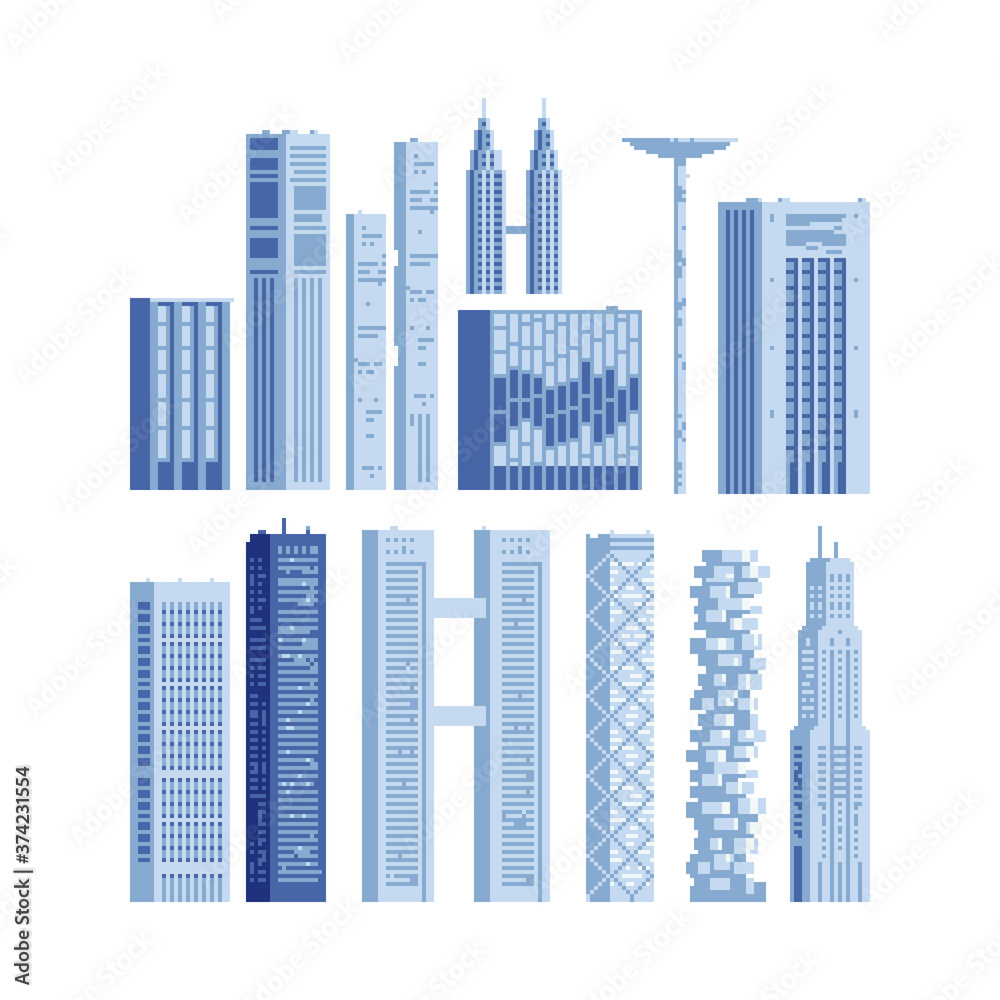 City downtown landscape with high skyscrapers isolated abstract pixel art vector illustrations big city business center. Panorama architecture. 8-bit. Design for stickers, logo, embroidery, mobile app