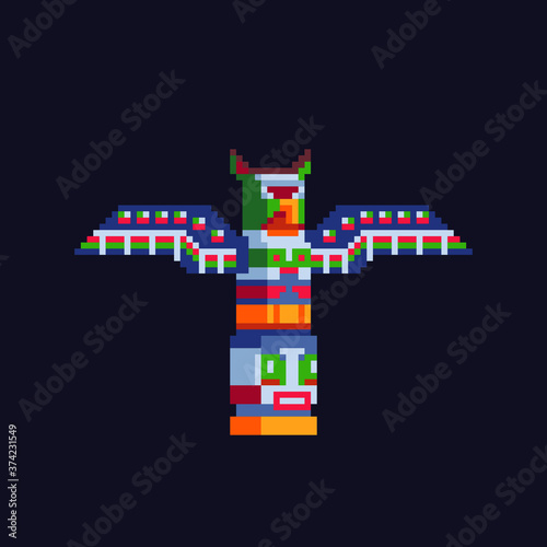 Traditional religious totem pole symbol of Canada pixel art icon, hand painted Native Indian totem isolated vector illustration. Game assets 8-bit sprite. Design stickers, logo, mobile app, embroidery