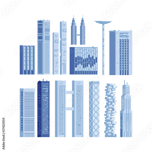 City downtown landscape with high skyscrapers isolated abstract pixel art vector illustrations big city business center. Panorama architecture. 8-bit. Design for stickers, logo, embroidery, mobile app