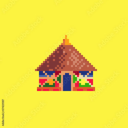 African tribal hut pixel art icon isolated on white background vector illustration. African ethnic culture element. Game assets 8-bit sprite. Design stickers, logo, mobile app.