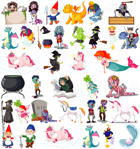 Set of fantasy cartoon characters and fantasy theme isolated on white background
