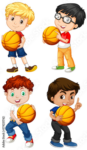 Cute youngboy cartoon character holding basketball