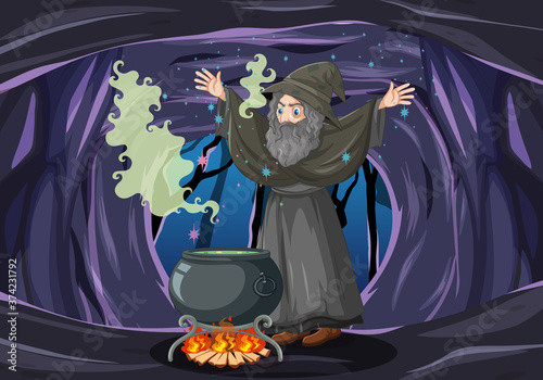 Wizard or witch with magic pot on dark cave background