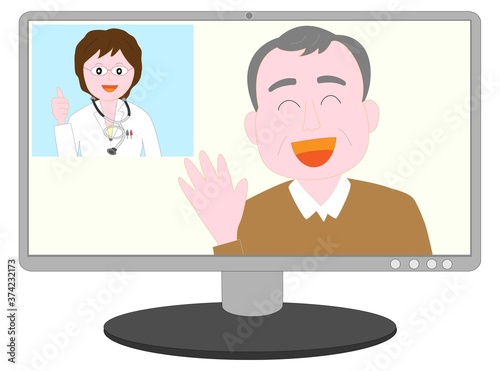 オンラインで女性医師から診察を受ける高齢者。