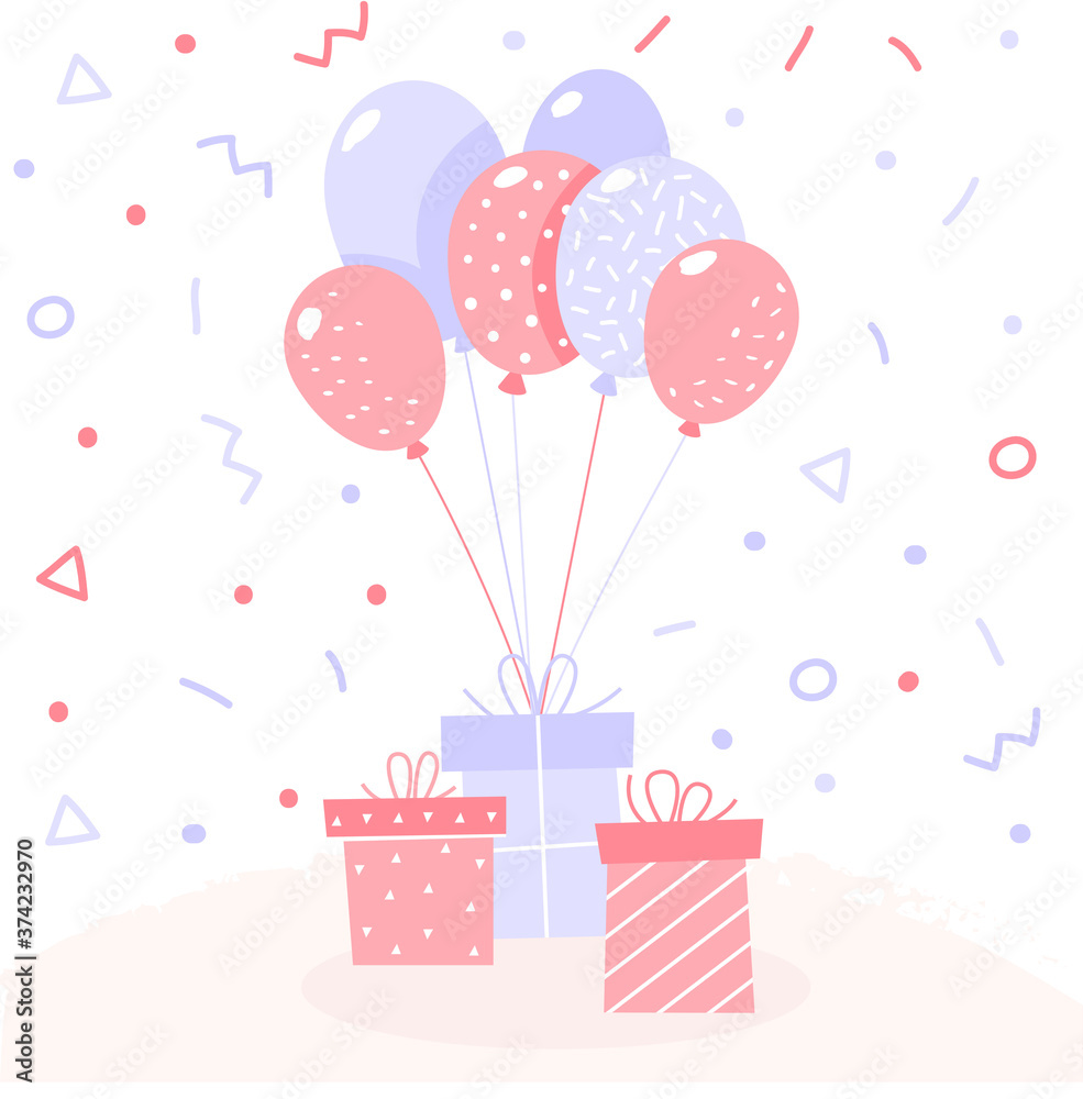 Gift boxes with a bow and balloons. Holiday present fly. Vector illustration isolated on white background