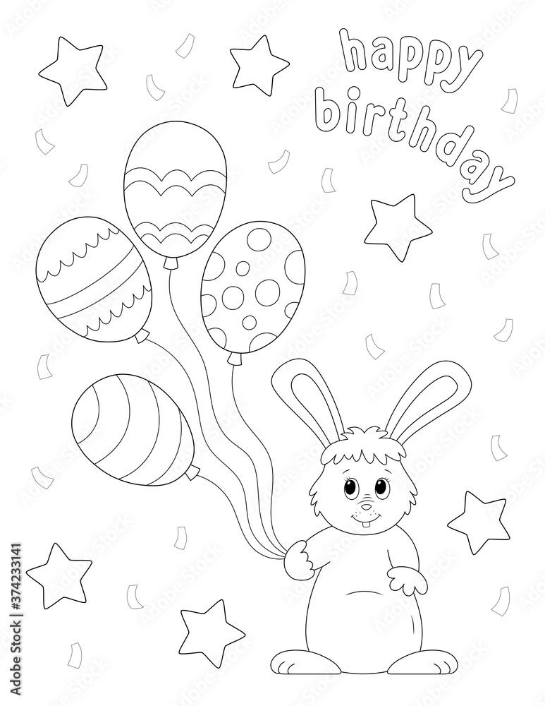 cute bunny holding balloons, happy birthday coloring page. You can ...
