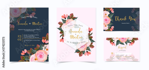 pink and navy floral wedding invitation set