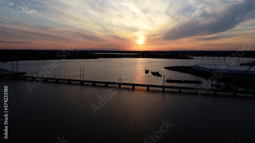 Aerial view of sun setting on Raritan Bay in Perth Amboy  NJ