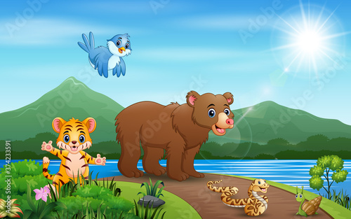 Illustration many animal walking on the road