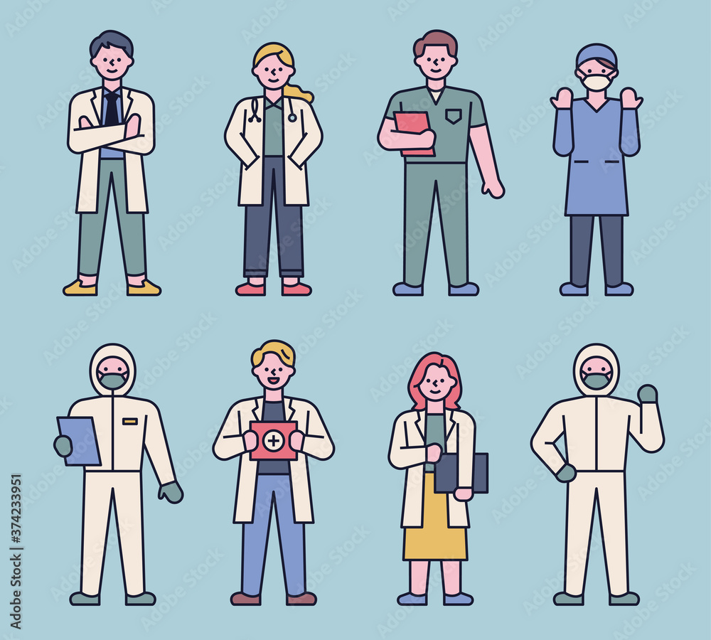 Character set of doctors in various uniforms. flat design style minimal vector illustration. Character set of doctors in various uniforms. flat design style minimal vector illustration.