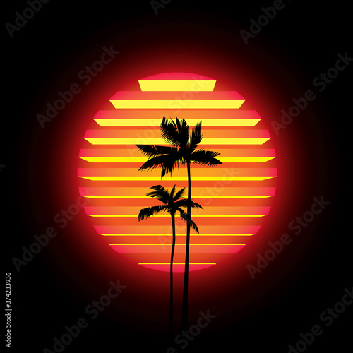 Original vector illustration in neon style. Palm trees on the background of a neon sunset in the retro style of the 80's. T-shirt design.