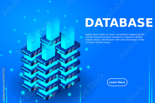 Server room isometric vector, futuristic technology of data protection and processing, networking and web hosting banner, input output data flow