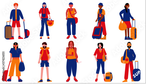 Set group Traveller characters with attribute in flat illustration vector style