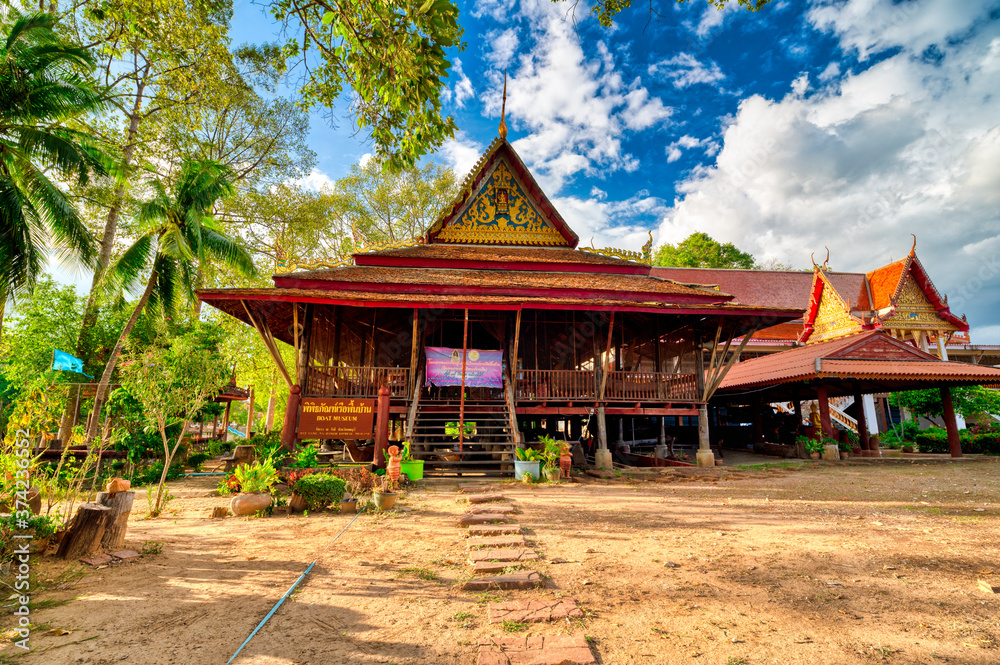Lopburi / Thailand / July 5, 2020 : Wat Yang Na Rang Si, you can come and pay respect to monks And can also watch ancient ships Located inside the pavilion It's like a museum. Lopburi / Thailand / July 5, 2020 : Wat Yang Na Rang Si, you can come and pay respect to monks And can also watch ancient ships Located inside the pavilion It's like a museum.