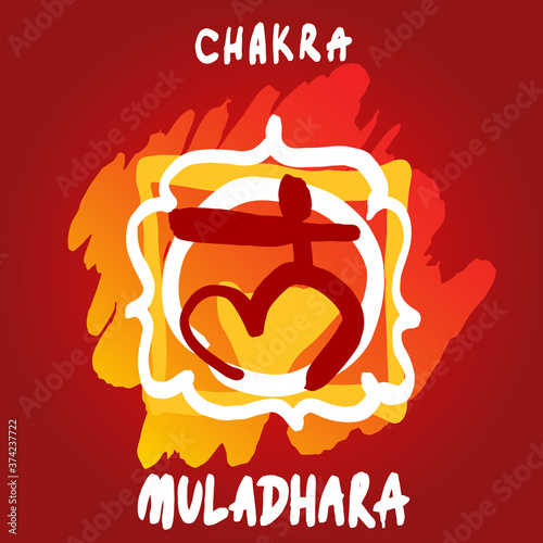 Muladhara - colored symbol. Chakra red, isolated object, banner, poster. Yoga mantra, energy concept. Vector illustration.