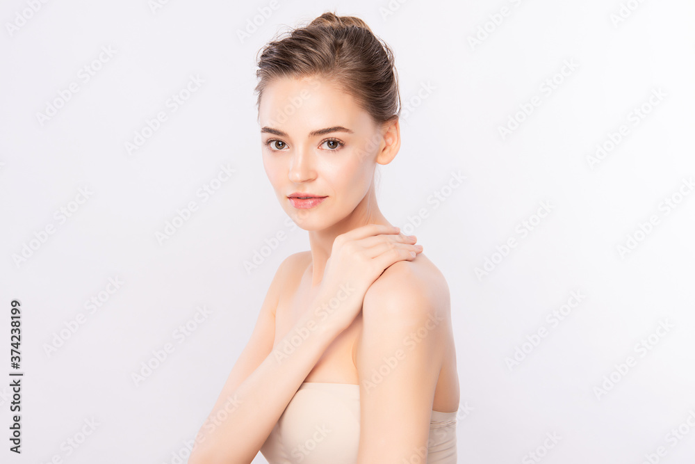 Beautiful Young Woman with Clean Fresh Skin, on white background, Face care, Facial treatment. Cosmetology, beauty and spa. women portrait Beautiful Young Woman with Clean Fresh Skin, on white background, Face care, Facial treatment. Cosmetology, beauty and spa. women portrait