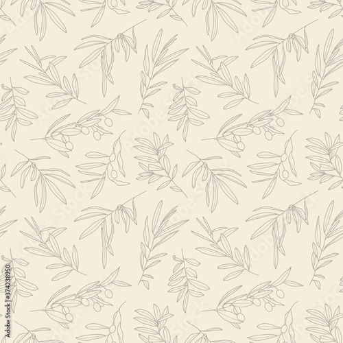 Olive Branch with Leaves and Fruit Seamless Pattern in a Trendy Minimal Style. Outline of a Botanical Background. Floral Green Vector Ornament for printing on fabric, invitation, wrapping, wallpaper