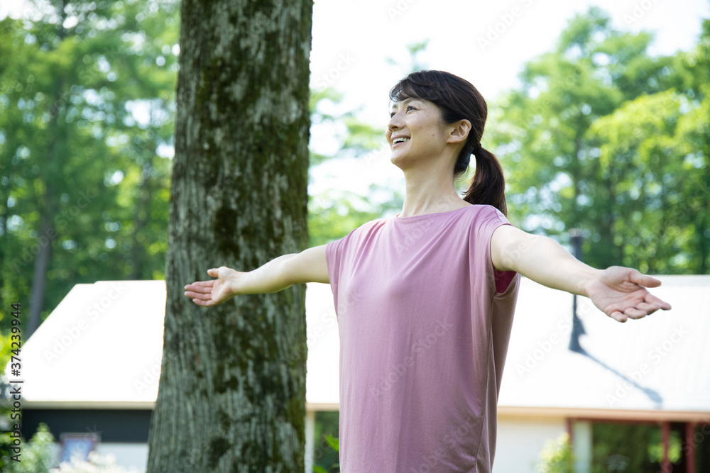 Woman Deep Breathing in Tender Green Woman Deep Breathing in Tender Green