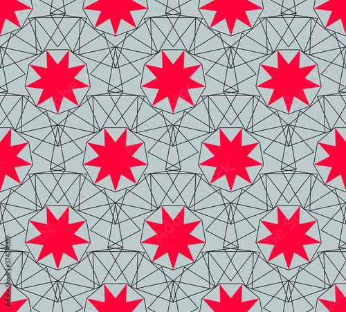 Red nine pointed star repeating pattern with geometric outlines on a light gray background, vector illustration