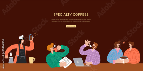  Specialty coffee Landing page template. The barista makes coffee, and people sit and drink coffee. Website brown landing web page template.