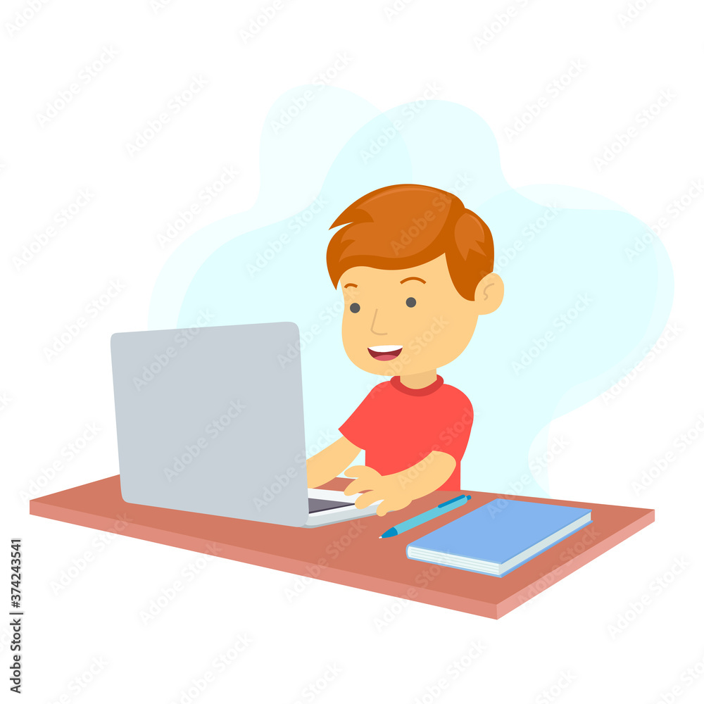 A boy is studying online using a laptop in a room A boy is studying online using a laptop in a room