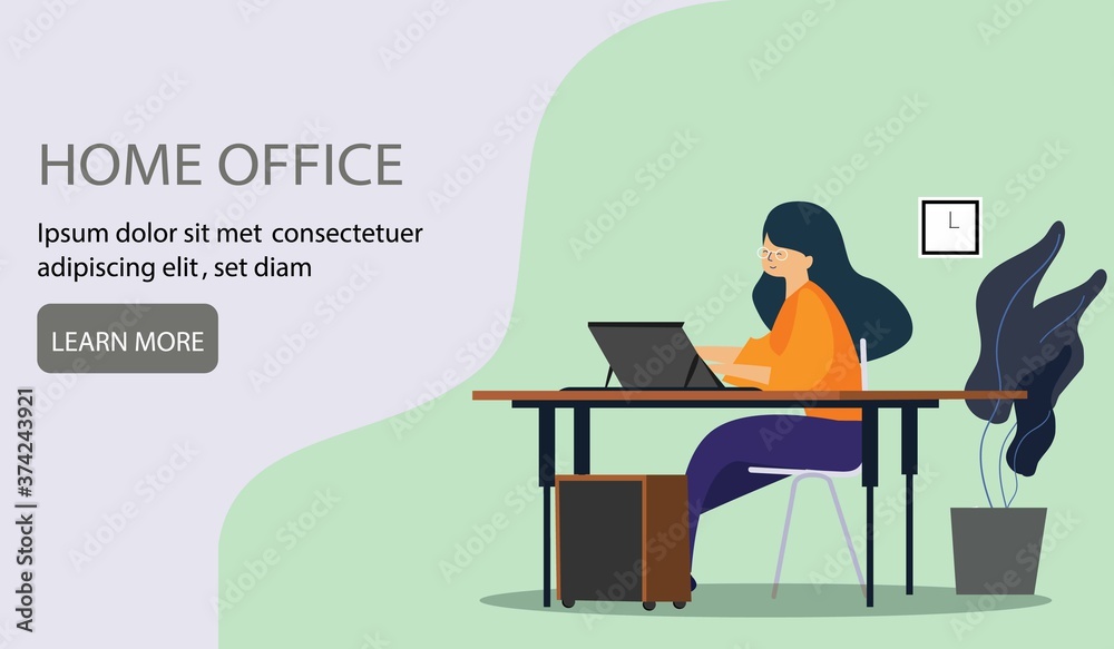 Web page template with young woman working at home. Freelance, work at home, online job and home office concept. Vector illustration in flat style for poster, banner and website development.
Web page template with young woman working at home. Freelance, work at home, online job and home office concept. Vector illustration in flat style for poster, banner and website development.