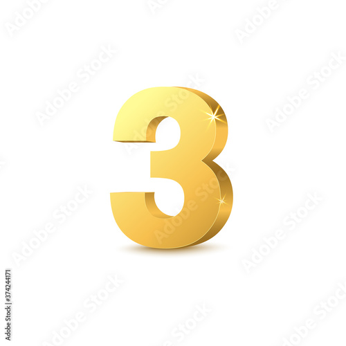 Number 3 - realistic gold 3D digit with sparkling golden surface