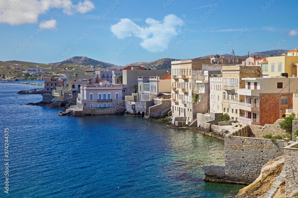 Ermoupolis Coastline . Travel destination in Syros Greece. Stock Image.